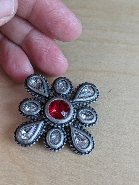 Vintage Dark Silver Tone Cross Brooch with Red & … - image 6