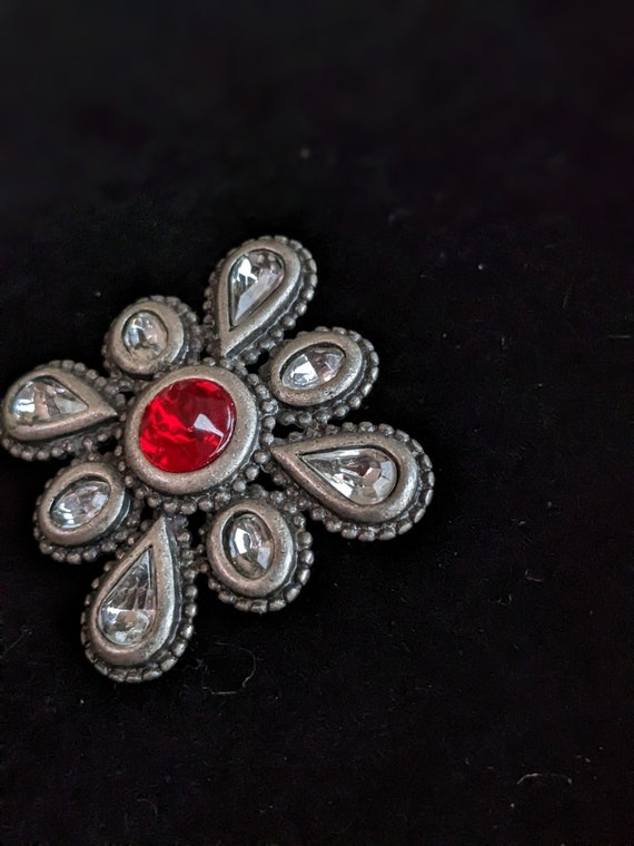Vintage Dark Silver Tone Cross Brooch with Red & … - image 4