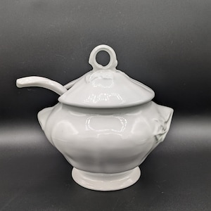1959 NS Gustin Co White Soup Tureen with Ladle - Rare Closed Handle Design, Beautiful Condition, 9" Tall, Hand-Signed