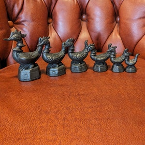 6 Antique Burmese &quot;Opium Weights&quot;, 19th Century, Heptagonal Base, Hintha Bird Design