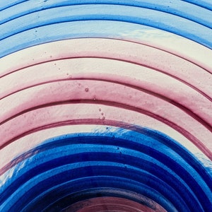 Blown Glass Swirled Art Centerpiece Bowl - Footed - 1995, Blue & Magenta