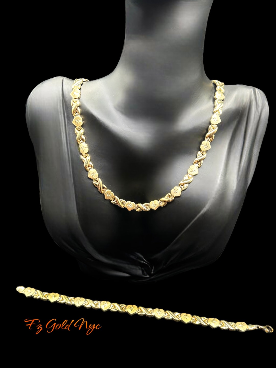 14K Real Gold Stampato Necklace and Bracelet Set-diamond Cut Hugs