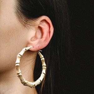 10K Gold Graduated Bamboo Hoop Earrings  Diamond Cut Jewelry Real Yellow Gold  Sizes 30mm 38mm 45mm 50mm 60mm 70mm,High Quality Hollow