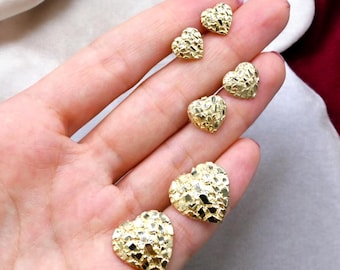 10K Solid Yellow Gold -Nugget Heart Shape Nugget Earrings Diamond Cut - 20mm - 13mm - 10mm -  7mm - Solid 10K Yellow Gold Earrings