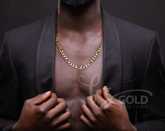 Collar de cadena Figaro de oro auténtico de 14 quilates con eslabones gruesos, cadena Figaro dorada, para hombre y mujer.