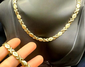 10K Real Gold Stampato Necklace and Bracelet Set-Diamond Cut  Hugs Kisses - Yellow Gold- 8MM -17.5" XoXo 7.5" Gold Set