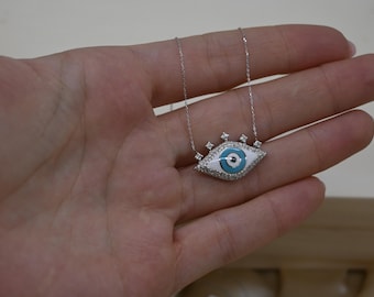 Collar de oro blanco de 14 quilates con ojo turco y diamante natural - Amuleto de la suerte