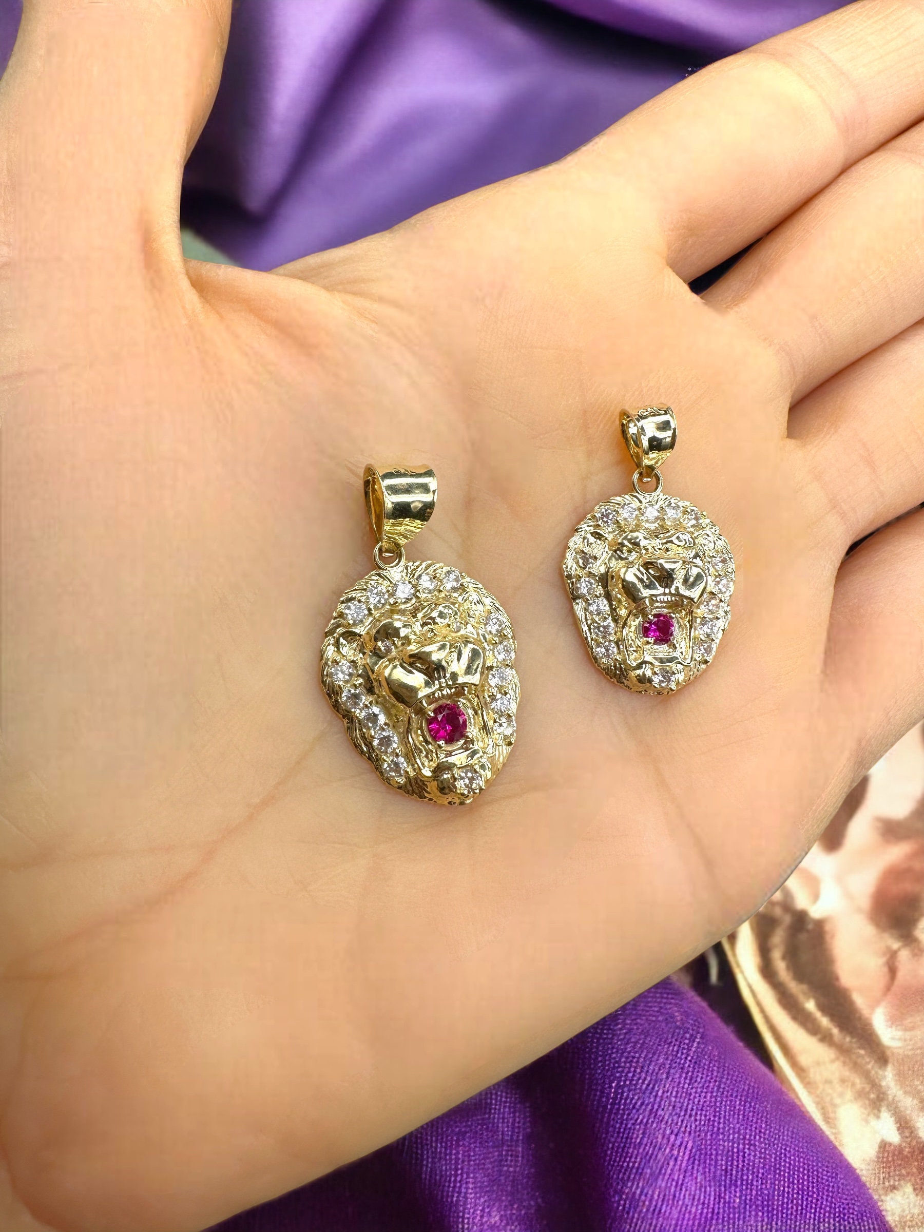 792199c01 14K Solid Gold - Roaring Lion - Lion Head CZ Diamond Charm Pendant With ...