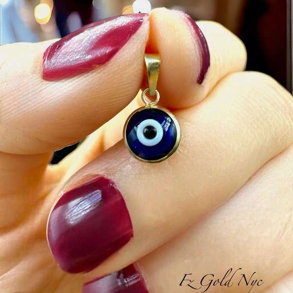14K Real Gold Evil Eye Pendant -Navy Dark Blue - Round Good Luck Charm - Pendant Only