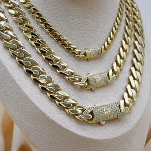 14K Real Gold Miami Cuban Link Chain Shiny CZ Box Lock Real 14K Yellow Gold Cuban Curb Monaco Chain