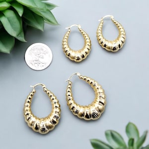 14K Real Gold Graduated Shiny Hoop Earrings - Diamond Cut Puffed Gold Earrings - Real 14K Luxury Yellow Gold