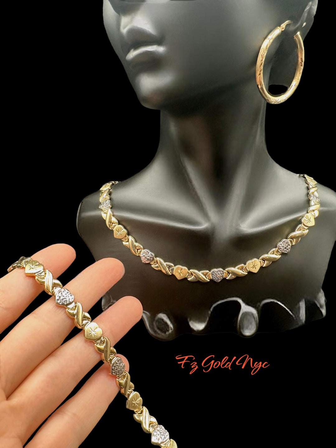 Hugs & Kisses Necklace Bracelet Set Stampato Stainless Steel Silver Tone 18 1159959