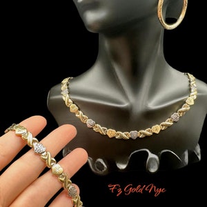 10K Echtgold Stampato Halskette und Armband -Diamond Cut Hugs Kisses und Hearts Halskette- Gelb und Weißgold- 8 MM-17,5 &quot;XoXo7.5&quot; Gold Set