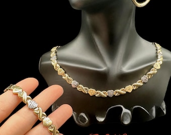 10K Real Gold Stampato Necklace and Bracelet -Diamond Cut Hugs Kisses and Hearts Necklace- Yellow and White Gold- 8MM-17.5&quot;XoXo7.5&quot; Gold Set