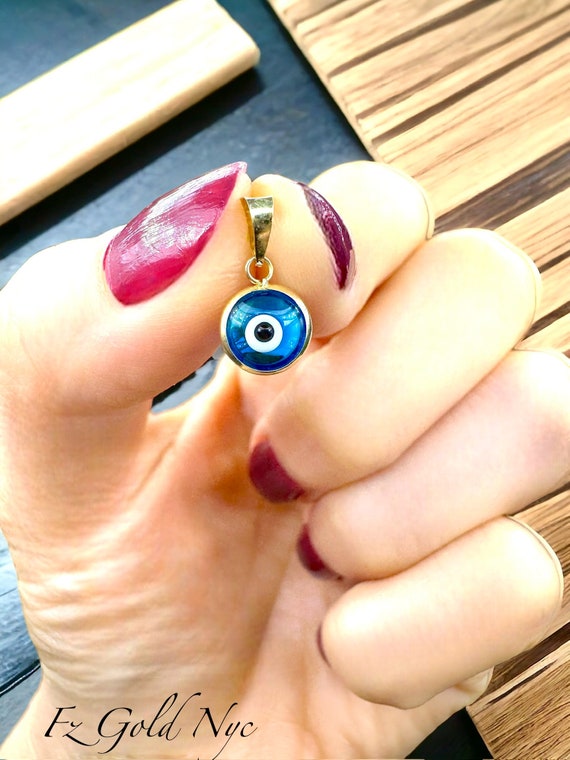 14K Real Gold Evil Eye Pendant -Ocean Blue - Round Good Luck Charm - Pendant Only