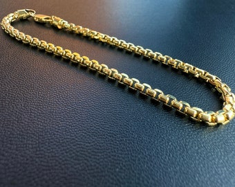 14K Real Gold Box Chain Bracelet, Gold Chain Bracelet- 3.5 MM - 7'' / 8'' Unisex Chain Bracelet - 14K Yellow Gold Bracelet