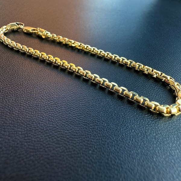 14K Real Gold Box Chain Bracelet, Gold Chain Bracelet- 3.5 MM - 7'' / 8'' Unisex Chain Bracelet - 14K Yellow Gold Bracelet