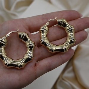 14K Real Yellow Gold Graduated Bamboo Hoop Earrings- 14K Gold Bamboo Hoop Earrings-Jewelry Real 14K Luxury Yellow Gold
