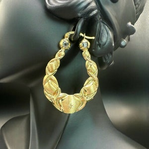 10K Real Gold Graduated Satin Hoop Earrings - Diamond Cut Hoop Earrings - Real Yellow Gold (51-43 MM)