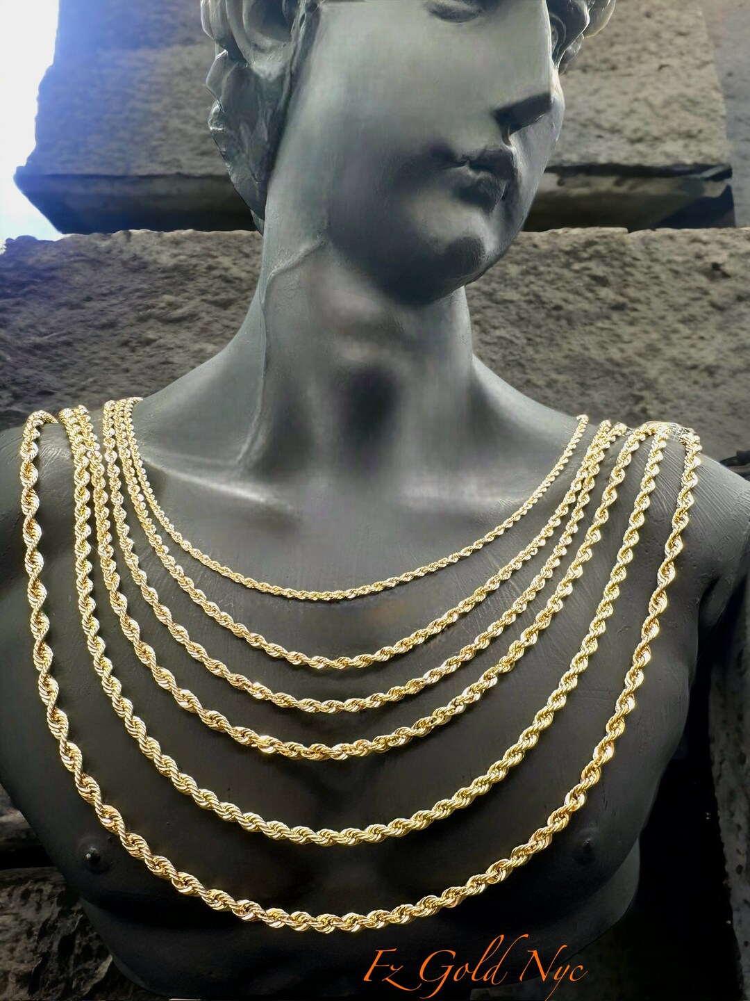 10K Solid Real Gold Rope Chain Necklace - Twisted Diamond Cut Chain ...