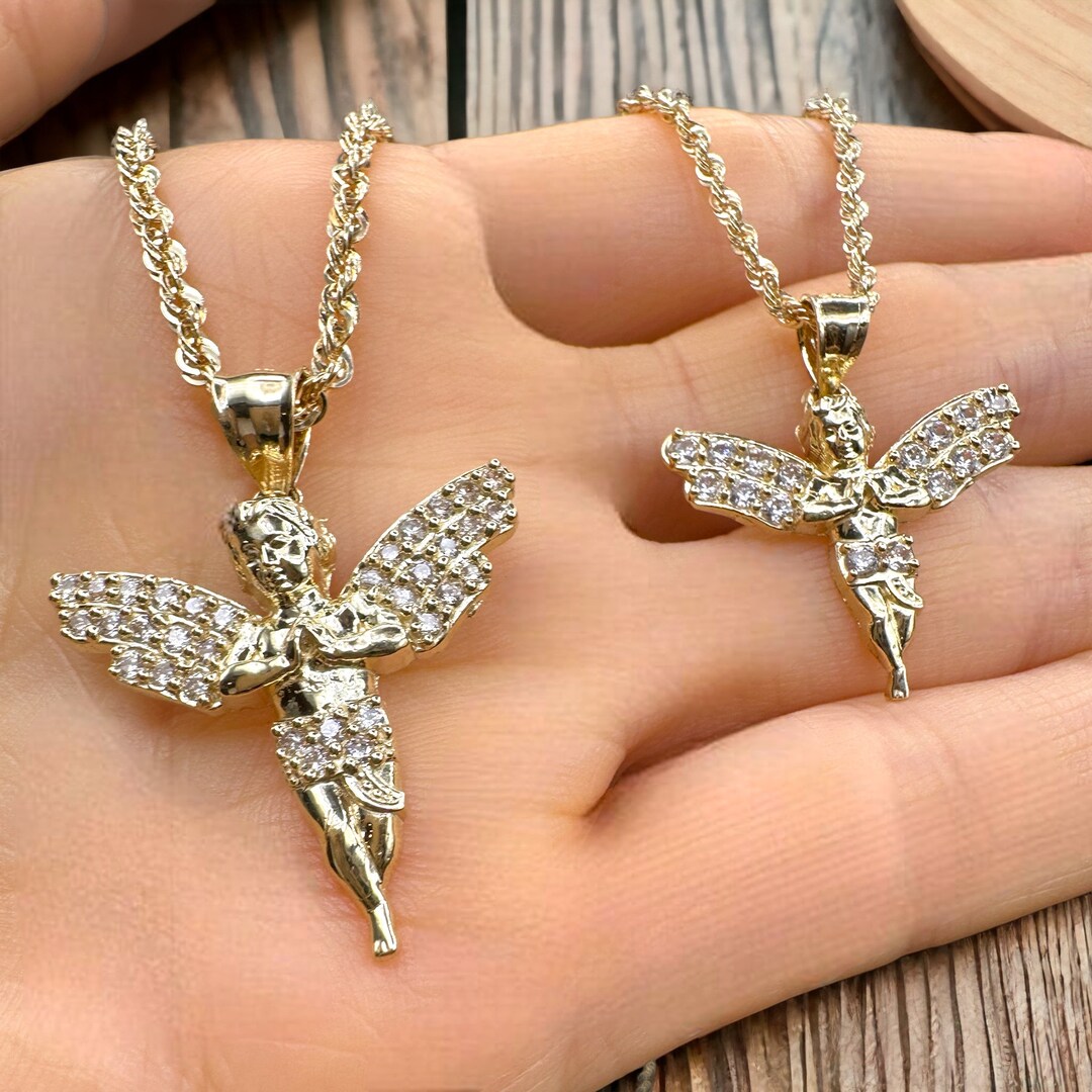 14K Solid Gold Baby Angel Pendant CZ Stone Diamond Charm real Yellow