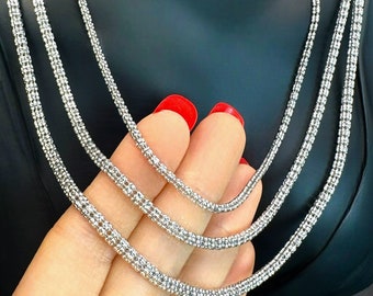 Collar de cadena de eslabones de oro macizo de 14 quilates con corte de diamante en oro blanco. Cadena cilíndrica elegante y auténtica para hombre y mujer.
