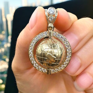 14K Solid Real Gold World Map Anhänger -14K Real Gold CZ Diamant Spinning Globe Anhänger - Gold Earth Anhänger