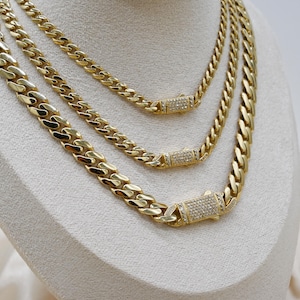 14K Real Gold Miami Cuban Link Chain Shiny CZ Box Lock Real 14K Yellow Gold Cuban Curb Monaco Chain