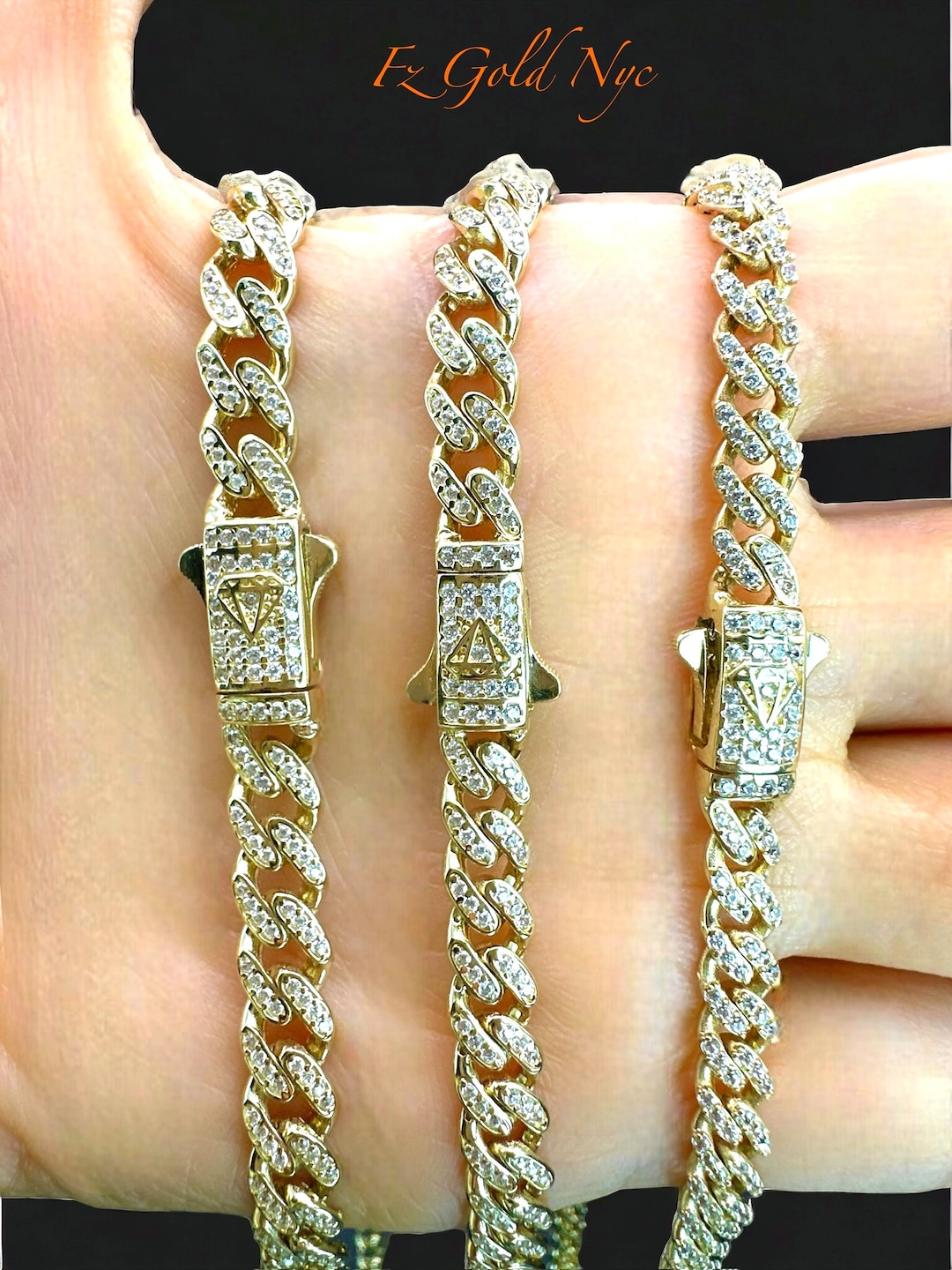 14K Real Gold Miami Cuban Link- Iced Cuban Chain - Necklace Yellow Gold ...
