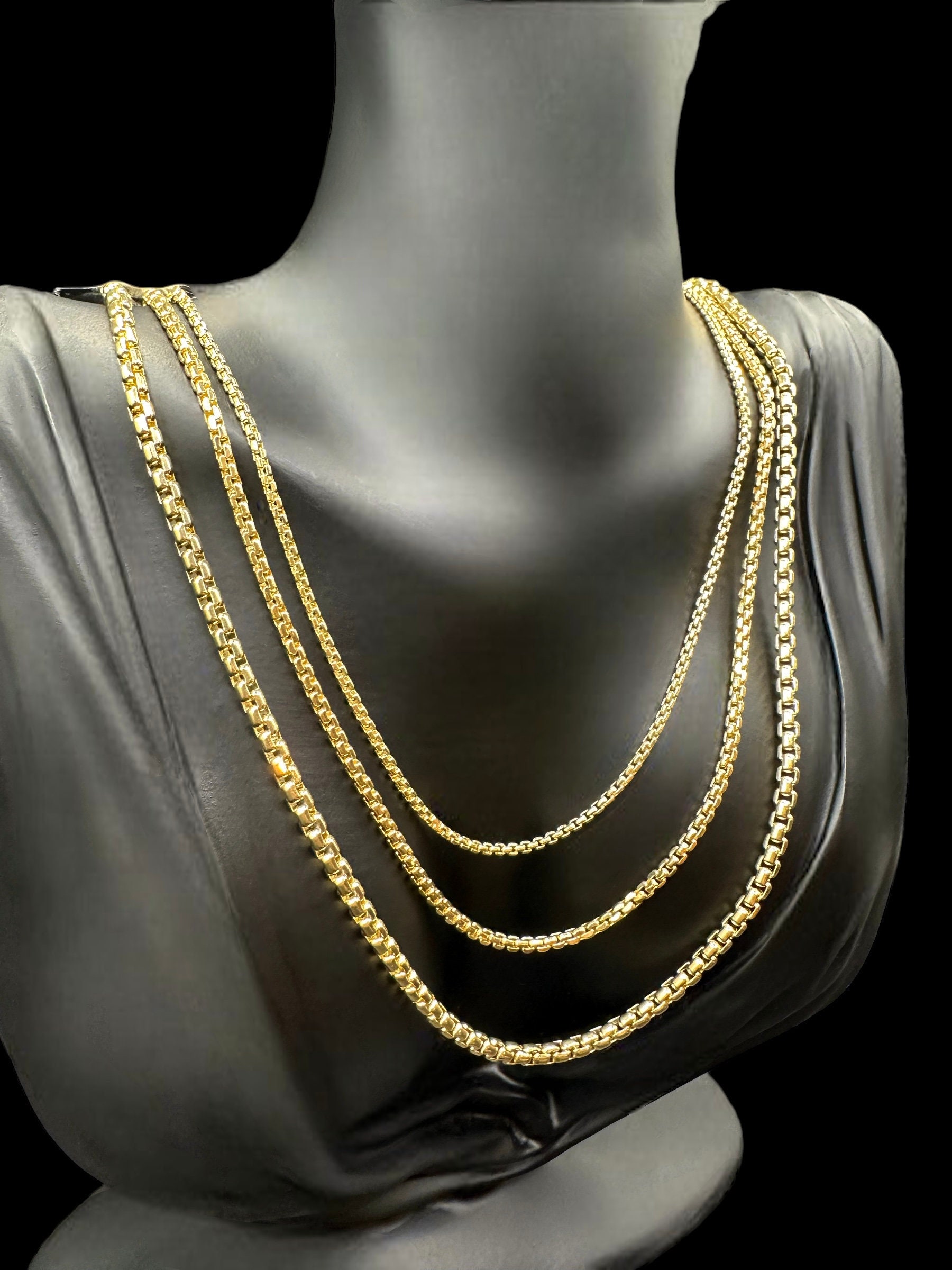 14K Real Gold Round Box Necklace- Thick Gold Chain, Box Gold Chain ...