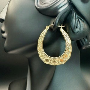10K Real Gold Graduated Satin Hoop Earrings - Diamond Cut Hoop Earrings - Real Yellow Gold (37MM)