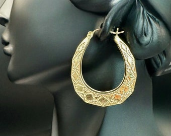 10K Real Gold Graduated Satin Hoop Earrings - Diamond Cut Hoop Earrings - Real Yellow Gold (37MM)