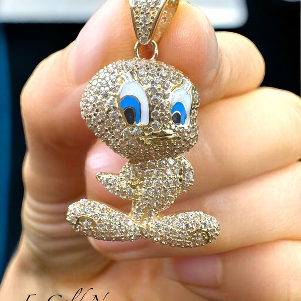 14K Real Yellow Gold  Tweety Bird Charm Pendant -14K Gold CZ Diamond Blue Eyes Tweety  Pendant - 1.34 Inch - Real Gold for Gift