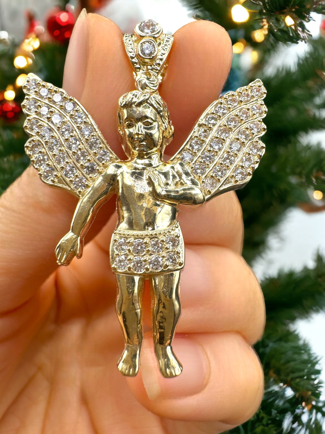 14K Solid Gold Baby Angel Pendant CZ Stone Diamond Charm real Yellow