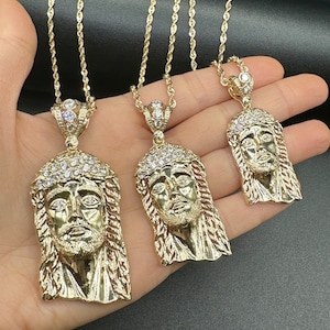 Oro macizo de 14 quilates - Oro amarillo auténtico - Colgante con circonita cúbica y cabeza de Jesús - Colgante con circonita cúbica y cara de Jesús - 3 tamaños - Regalo de Navidad