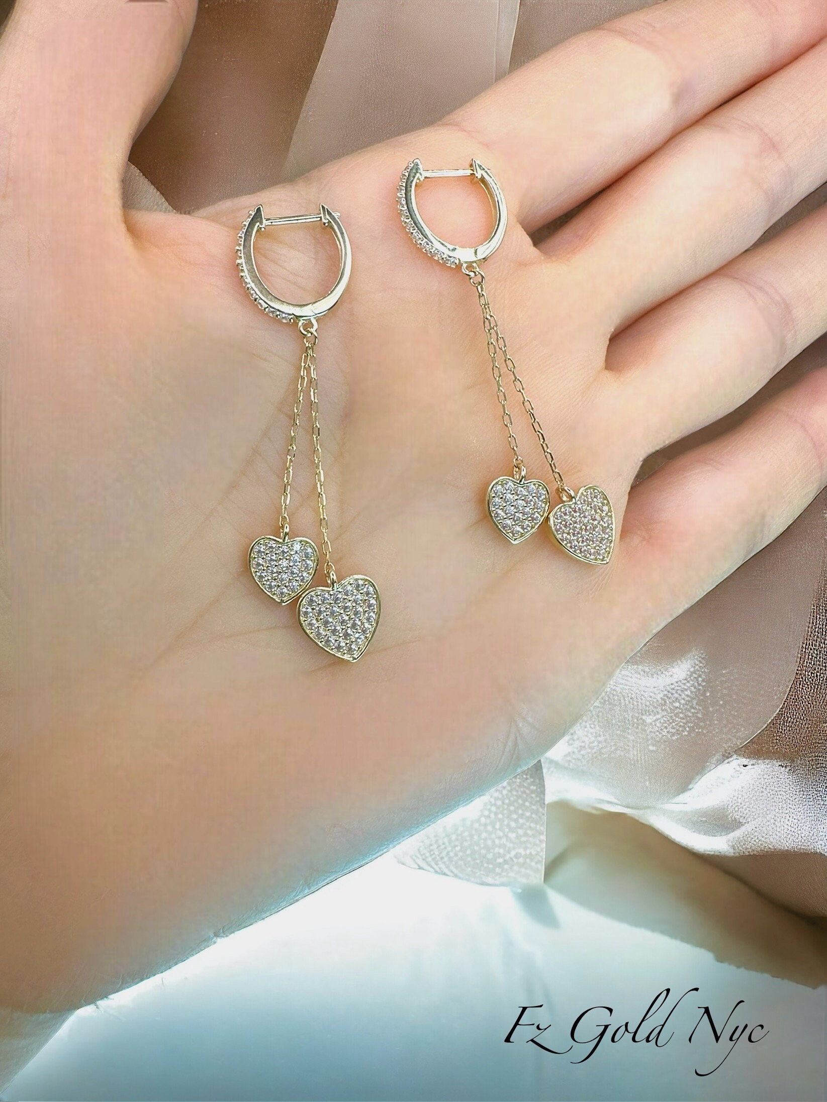 10K Echt Gelbgold- Herz Baumeln- Tropfen Ohrringe - Lange Kette Und Glänzender Stein Ohrringe - Echt Gelbgold (49 MM-2 Inches