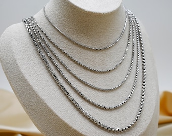14K Real White Gold Round Box  Necklace- Thick Gold Chain, Box Gold Chain, Lite Round Box