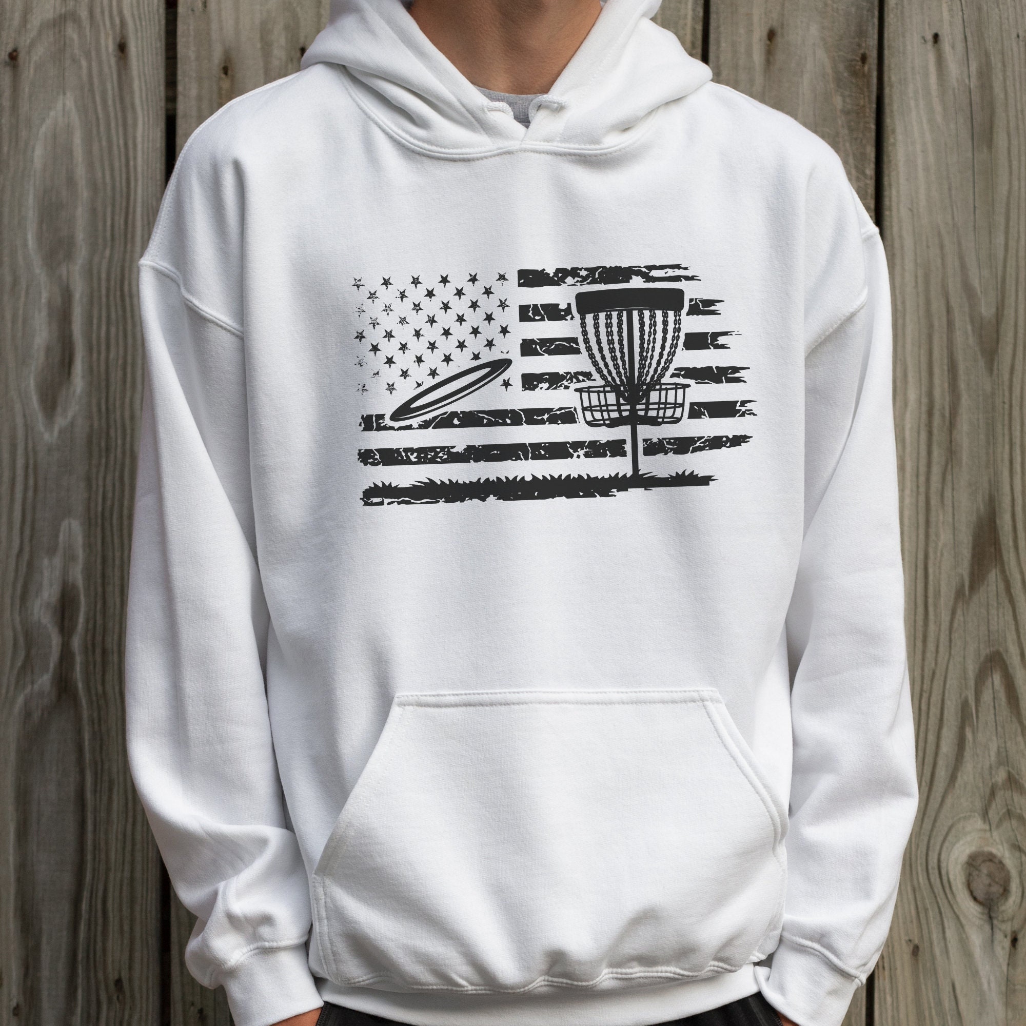 Distressed Worn American Flag Disc Golf Hoodie, Patriotic Disc Golf Sweatshirt, July 4 Frisbee Golf Sweatshirt, Gift for Disc Golfer