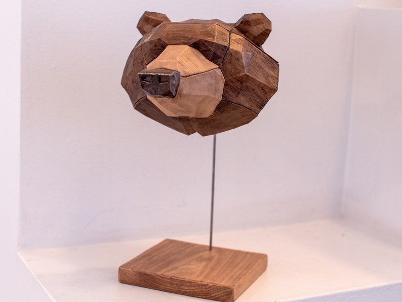 Wooden Bear Geometric Poly 3D print Paper Craft Style on Stand image 3