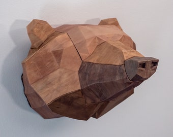 Wooden Bear Geometric Poly Sculpture Art Paper Craft Style