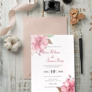 Wedding invitation template, editable template, wedding invitation card, canva template, instant downloadable invite, rose flowers