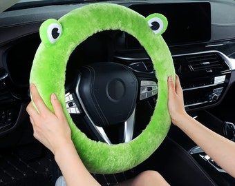 Cute Style Fluffy Green Frog Genuine Wool Steering Wheel Cover for Women Men Girls, Anti-Slip Universal Fit Car Wheel