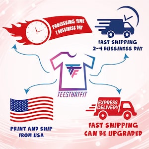 various icons and text related to fast shipping and logistics services, including a clock, a delivery truck, an American flag, and a teeshaft logo.