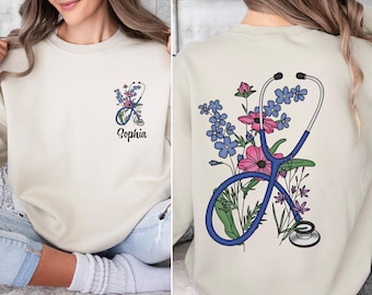 Custom Floral Stethoscope Sweatshirt, Custom Nurse Sweatshirt, Women's Nursing School Sweater, Floral Nurse Sweater, Nurse Graduation Gift
