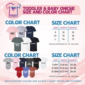 The image is a color and size chart for toddler and baby onesies. It displays various color options and corresponding size charts for different age groups, including light pink, sport gray, navy blue, black, and red. The chart provides measurements in inches for each color and size, and notes that comfort colors and gildan t-shirt prices are different.