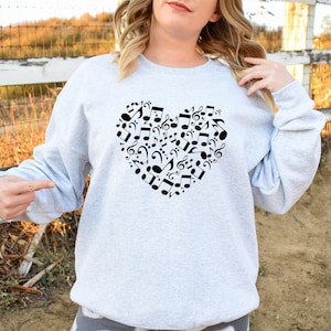 Music Heart Sweatshirt, Music Lover Gift, Music Sweatshirt, Music Teacher Sweater, Music Notes Sweatshirt, Gift for Musician, Music Tees