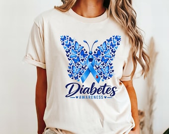 Blue Butterfly Ribbon Shirt, Comfort Colors Diabetes Awareness T-Shirt, Type 1 Diabetes Tee, Diabetes Support T-Shirt, Diabetic Gift