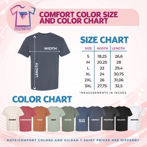 The image is a color chart and size chart for T-shirts, displaying various color options and corresponding measurements in inches.