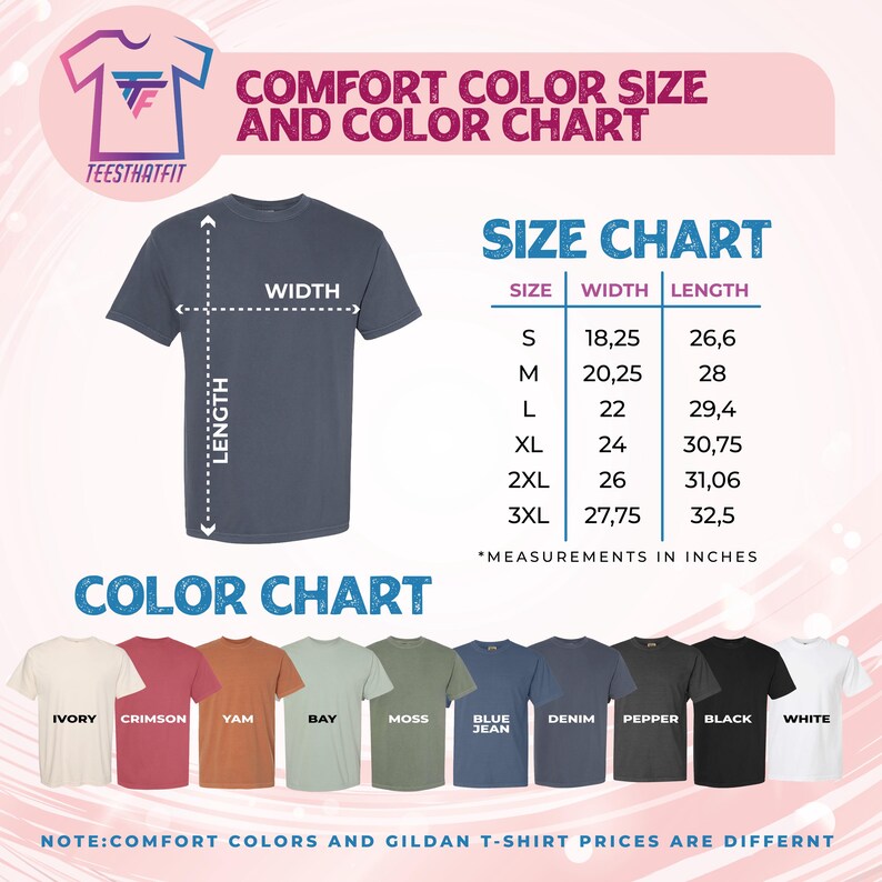 The image is a color chart and size chart for T-shirts, displaying various color options and corresponding measurements in inches.