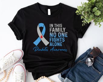 In This Family No One Fights Alone Shirt, Diabetes Awareness Shirt, Diabetes Support Shirt, Diabetes Warrior Shirt, Blue Ribbon Shirt